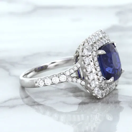 4.35ct Cushion Blue Sapphire Ring with Double Diamond Halo in 18K White Gold