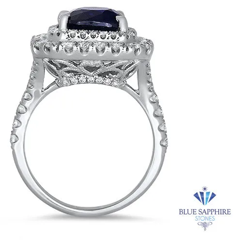 4.35ct Cushion Blue Sapphire Ring with Double Diamond Halo in 18K White Gold