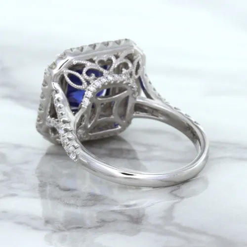 4.35ct Cushion Blue Sapphire Ring with Double Diamond Halo in 18K White Gold