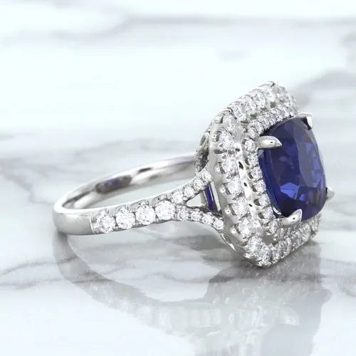 4.35ct Cushion Blue Sapphire Ring with Double Diamond Halo in 18K White Gold