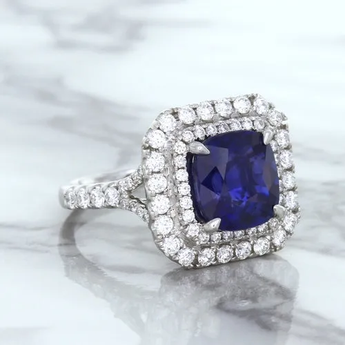 4.35ct Cushion Blue Sapphire Ring with Double Diamond Halo in 18K White Gold