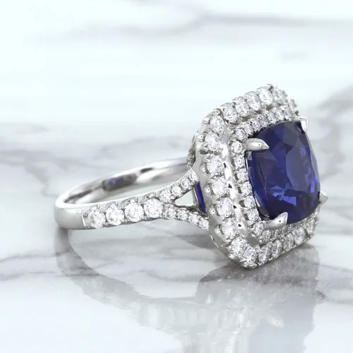 4.35ct Cushion Blue Sapphire Ring with Double Diamond Halo in 18K White Gold