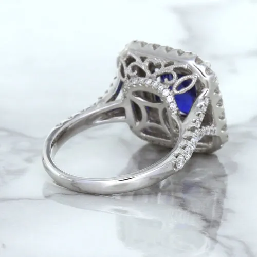 4.35ct Cushion Blue Sapphire Ring with Double Diamond Halo in 18K White Gold