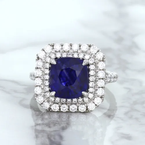 4.35ct Cushion Blue Sapphire Ring with Double Diamond Halo in 18K White Gold