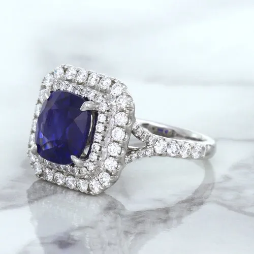 4.35ct Cushion Blue Sapphire Ring with Double Diamond Halo in 18K White Gold