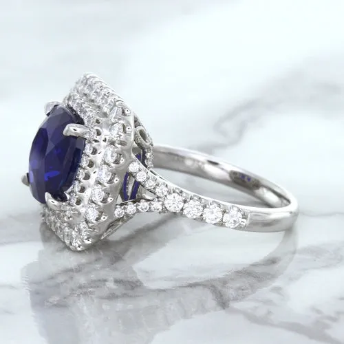 4.35ct Cushion Blue Sapphire Ring with Double Diamond Halo in 18K White Gold