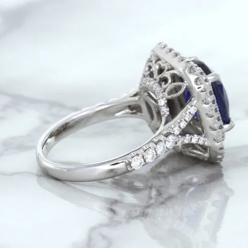 4.35ct Cushion Blue Sapphire Ring with Double Diamond Halo in 18K White Gold