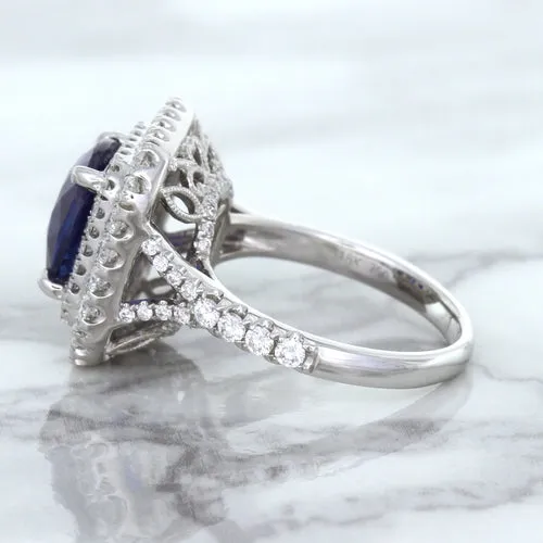 4.35ct Cushion Blue Sapphire Ring with Double Diamond Halo in 18K White Gold