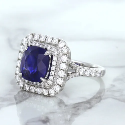 4.35ct Cushion Blue Sapphire Ring with Double Diamond Halo in 18K White Gold