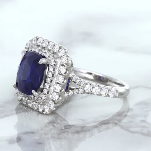 4.35ct Cushion Blue Sapphire Ring with Double Diamond Halo in 18K White Gold