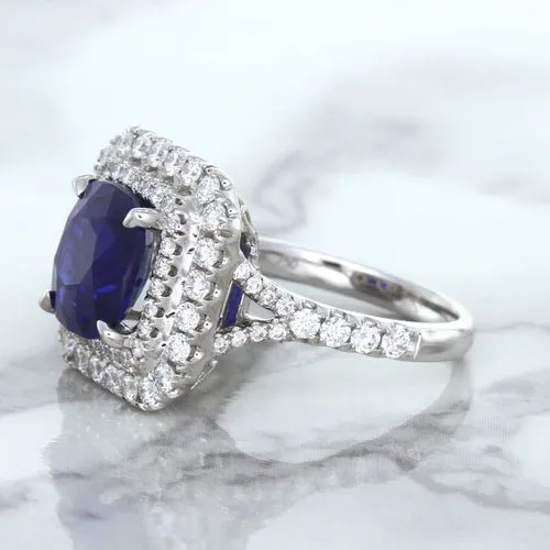 4.35ct Cushion Blue Sapphire Ring with Double Diamond Halo in 18K White Gold