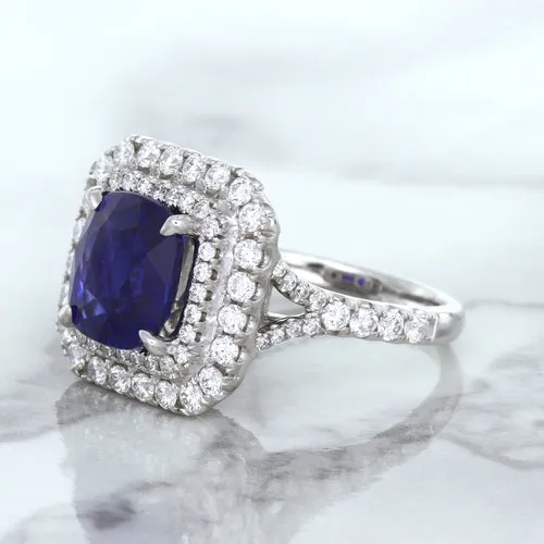 4.35ct Cushion Blue Sapphire Ring with Double Diamond Halo in 18K White Gold