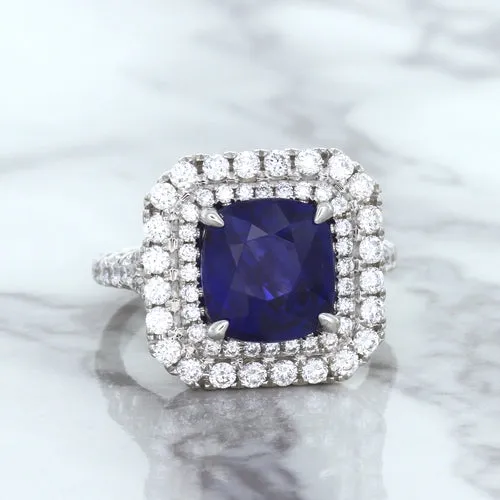 4.35ct Cushion Blue Sapphire Ring with Double Diamond Halo in 18K White Gold