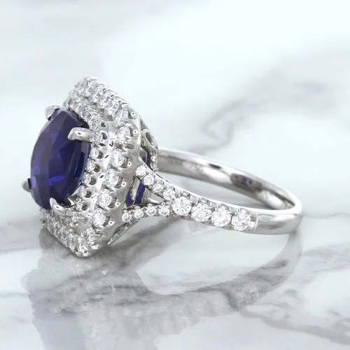 4.35ct Cushion Blue Sapphire Ring with Double Diamond Halo in 18K White Gold