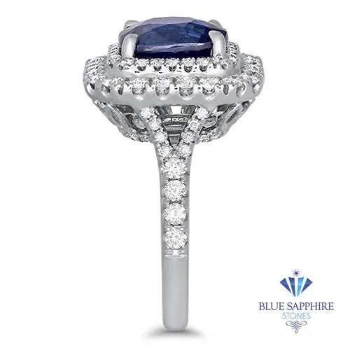 4.35ct Cushion Blue Sapphire Ring with Double Diamond Halo in 18K White Gold