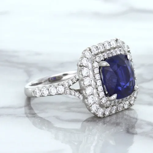 4.35ct Cushion Blue Sapphire Ring with Double Diamond Halo in 18K White Gold