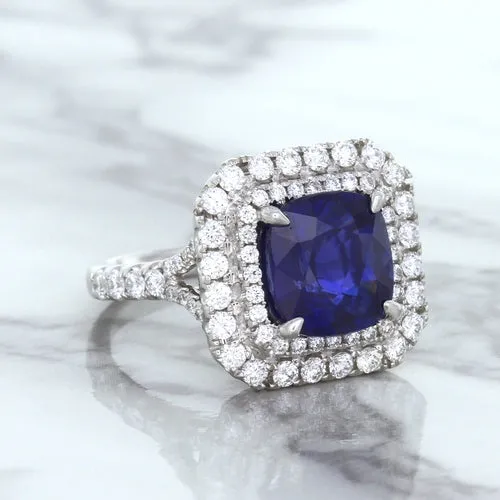 4.35ct Cushion Blue Sapphire Ring with Double Diamond Halo in 18K White Gold
