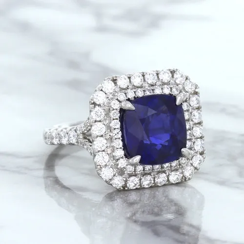 4.35ct Cushion Blue Sapphire Ring with Double Diamond Halo in 18K White Gold
