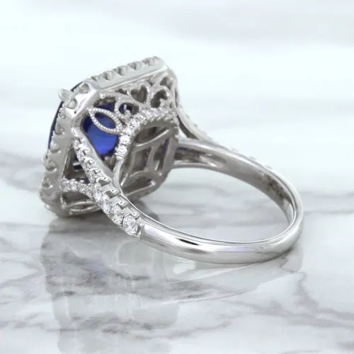 4.35ct Cushion Blue Sapphire Ring with Double Diamond Halo in 18K White Gold