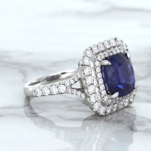 4.35ct Cushion Blue Sapphire Ring with Double Diamond Halo in 18K White Gold