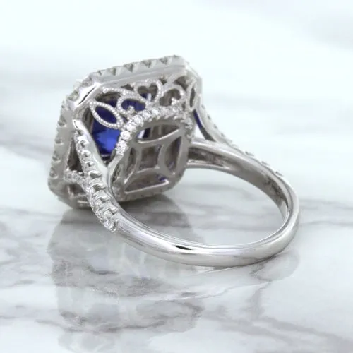 4.35ct Cushion Blue Sapphire Ring with Double Diamond Halo in 18K White Gold