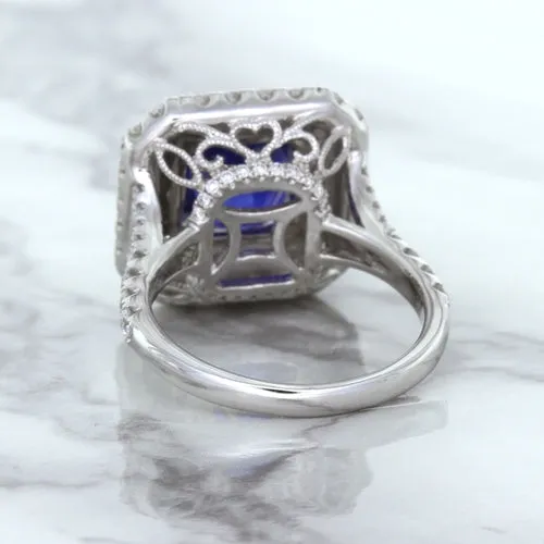 4.35ct Cushion Blue Sapphire Ring with Double Diamond Halo in 18K White Gold