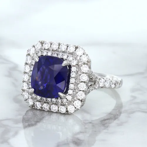 4.35ct Cushion Blue Sapphire Ring with Double Diamond Halo in 18K White Gold