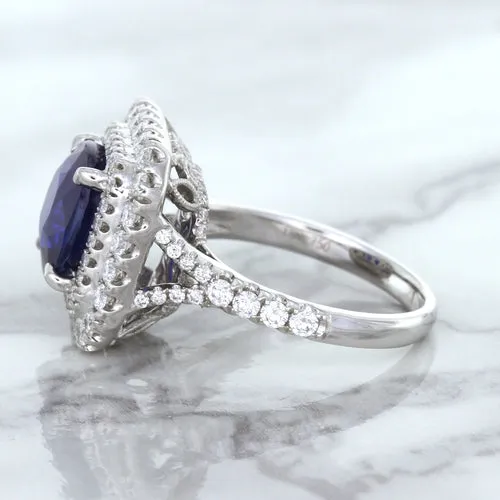 4.35ct Cushion Blue Sapphire Ring with Double Diamond Halo in 18K White Gold