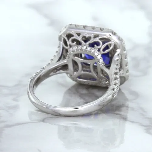 4.35ct Cushion Blue Sapphire Ring with Double Diamond Halo in 18K White Gold
