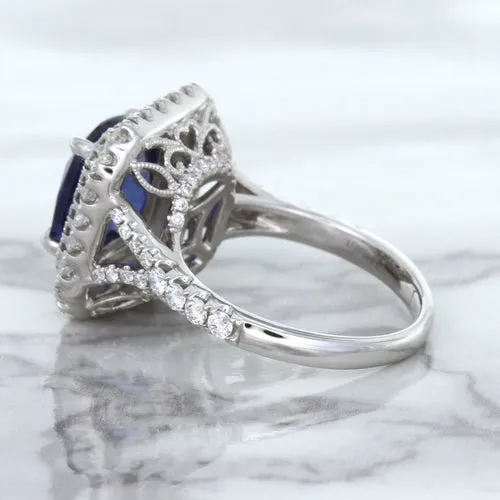 4.35ct Cushion Blue Sapphire Ring with Double Diamond Halo in 18K White Gold