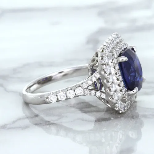 4.35ct Cushion Blue Sapphire Ring with Double Diamond Halo in 18K White Gold