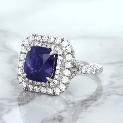 4.35ct Cushion Blue Sapphire Ring with Double Diamond Halo in 18K White Gold
