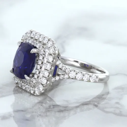 4.35ct Cushion Blue Sapphire Ring with Double Diamond Halo in 18K White Gold