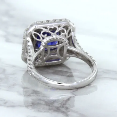 4.35ct Cushion Blue Sapphire Ring with Double Diamond Halo in 18K White Gold
