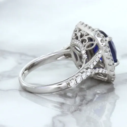 4.35ct Cushion Blue Sapphire Ring with Double Diamond Halo in 18K White Gold