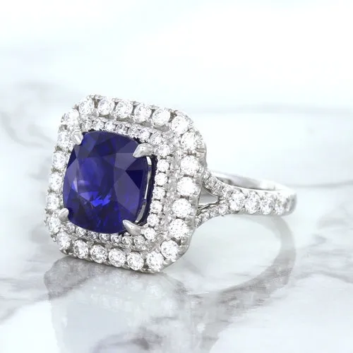 4.35ct Cushion Blue Sapphire Ring with Double Diamond Halo in 18K White Gold
