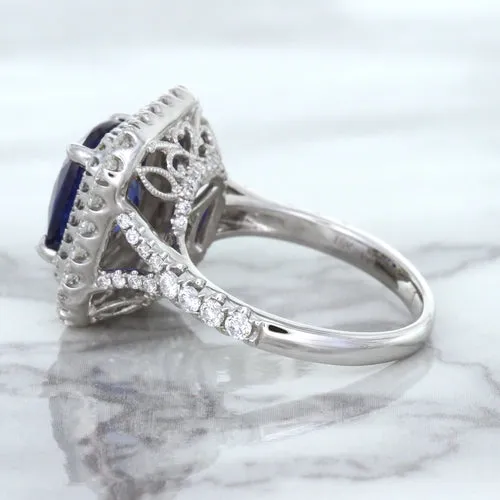 4.35ct Cushion Blue Sapphire Ring with Double Diamond Halo in 18K White Gold