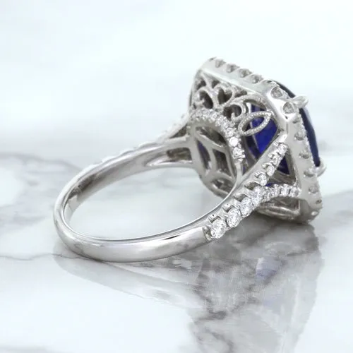 4.35ct Cushion Blue Sapphire Ring with Double Diamond Halo in 18K White Gold