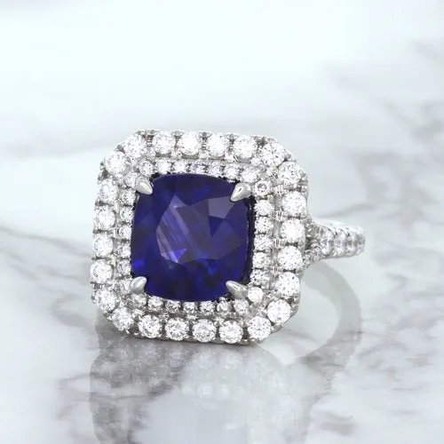 4.35ct Cushion Blue Sapphire Ring with Double Diamond Halo in 18K White Gold
