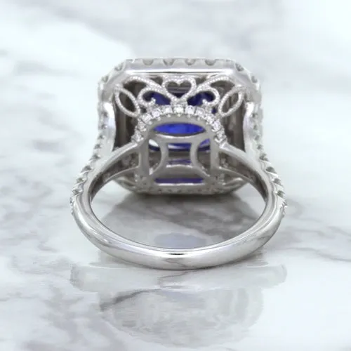 4.35ct Cushion Blue Sapphire Ring with Double Diamond Halo in 18K White Gold