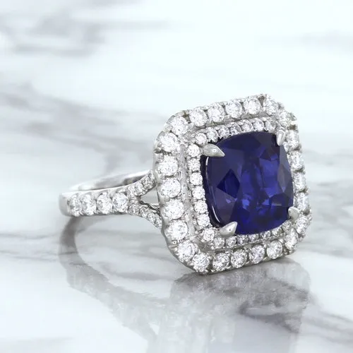 4.35ct Cushion Blue Sapphire Ring with Double Diamond Halo in 18K White Gold