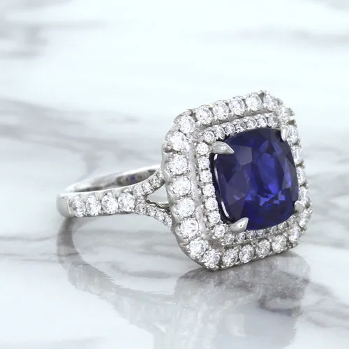 4.35ct Cushion Blue Sapphire Ring with Double Diamond Halo in 18K White Gold