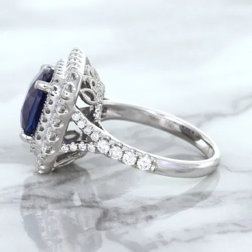 4.35ct Cushion Blue Sapphire Ring with Double Diamond Halo in 18K White Gold
