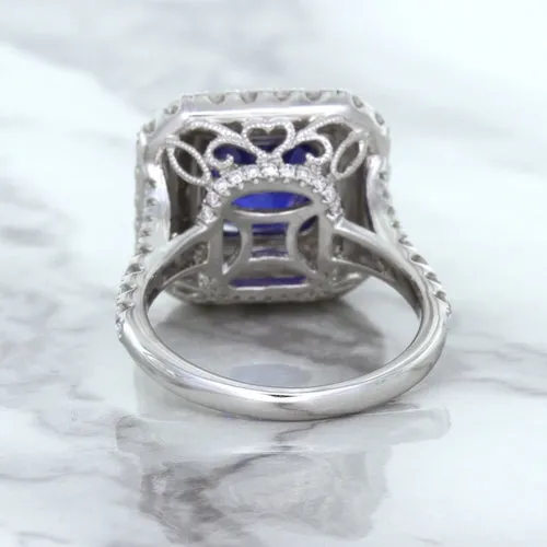 4.35ct Cushion Blue Sapphire Ring with Double Diamond Halo in 18K White Gold