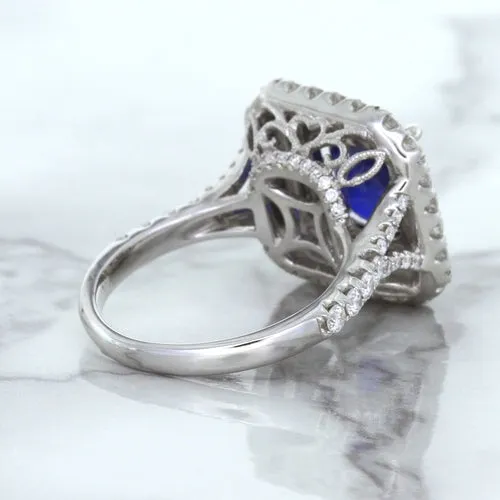 4.35ct Cushion Blue Sapphire Ring with Double Diamond Halo in 18K White Gold