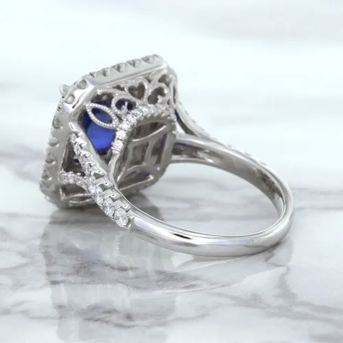 4.35ct Cushion Blue Sapphire Ring with Double Diamond Halo in 18K White Gold