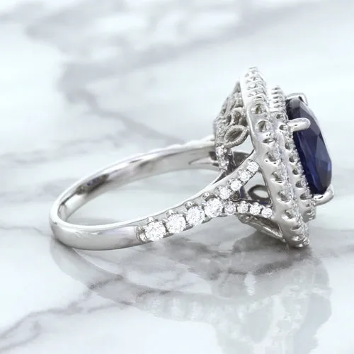 4.35ct Cushion Blue Sapphire Ring with Double Diamond Halo in 18K White Gold