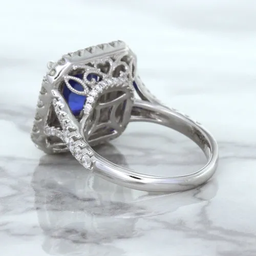 4.35ct Cushion Blue Sapphire Ring with Double Diamond Halo in 18K White Gold