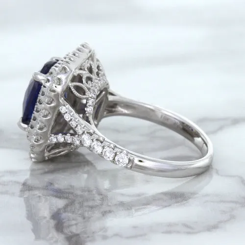 4.35ct Cushion Blue Sapphire Ring with Double Diamond Halo in 18K White Gold