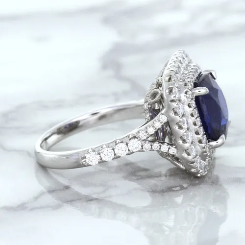 4.35ct Cushion Blue Sapphire Ring with Double Diamond Halo in 18K White Gold